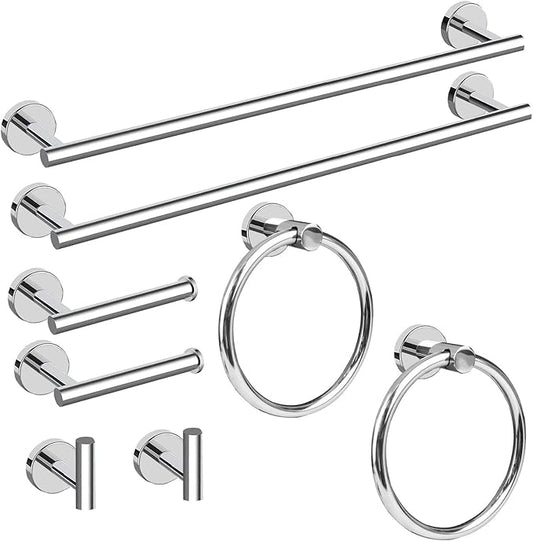 Cilee 8 Piece Polished Chrome Bathroom Hardware Set, 24inch Bathroom Towel bar+Towel Ring+Toilet Paper Holder+ Robe Towel Hook, SUS304 Stainless Steel Bathroom Accessory Set-NeatNest