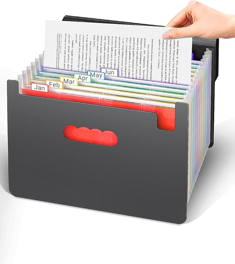 Expanding File Folders with Handle,Accordion File Organizer 13 Expandable Pockets,Portable Filing Box,Adjustable Support Strap,Colored Tabs,Paper Bills Documents Organizer,A4/Letter Size
