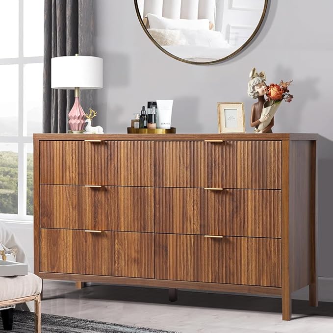 6 Drawer Dresser Cabinet, Long Nightstand with Drawers and Storage Cabinet, Farmhouse Solid Wood Dresser TV Stand, Mid Century Modern Nightstand with 6 Drawer Side Table for Bedroom Closet (Walnut)