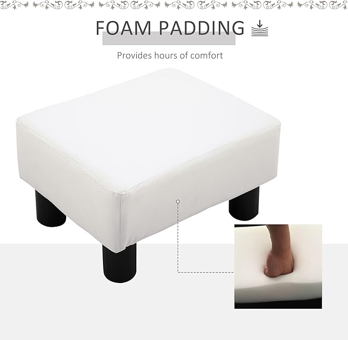 HOMCOM Ottoman Foot Rest, Small Foot Stool with Faux Leather Upholstery, Rectangular Ottoman Footrest with Padded Foam Seat and Plastic Legs, Bright White
