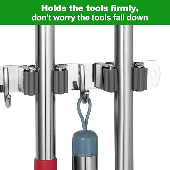 voze [2 Pack] 5 Racks and 4 Hooks Mop and Broom Holder Wall Mount, Self Adhesive Heavy Duty Broom Organizer Storage Tool Racks for Kitchen Garden Laundry Garage, Silver-NeatNest