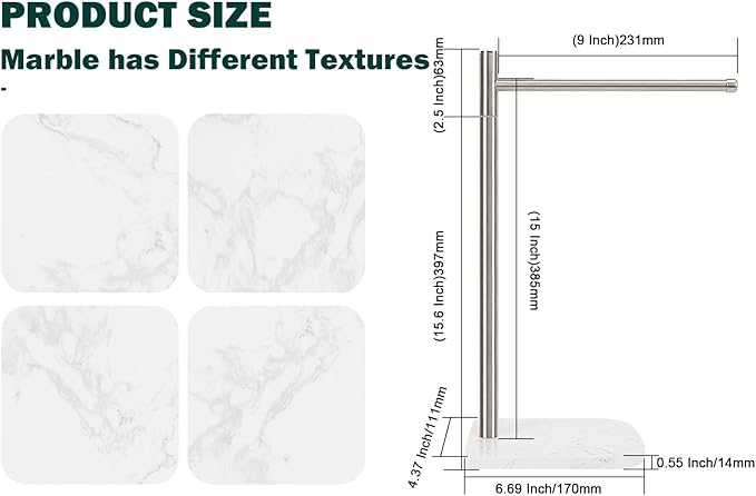 Hand Towel Holder, L-Shape Hand Towel Stand with Marble Base, Stainless Steel Swivel Hand Towel Rack Bar Standing for Bathroom Kitchen Countertop, 1 Arm (Brushed Nickel)