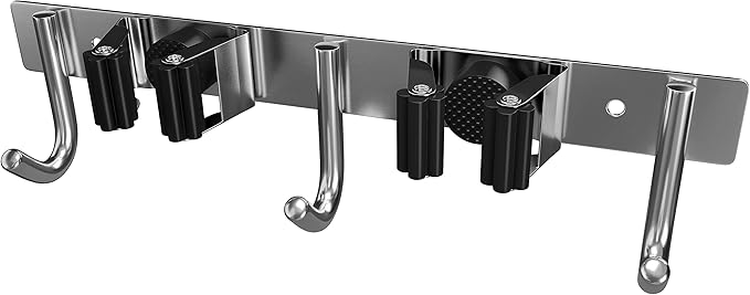 Heavy Duty Broom and Mop Holder Wall Mounted with 2 Rubber Grip Slots & 3 Utility Hooks – SUS304 Stainless Steel, Waterproof, Self Adhesive or Drill Mount, for Garage, Laundry, Kitchen & Closet Use-NeatNest