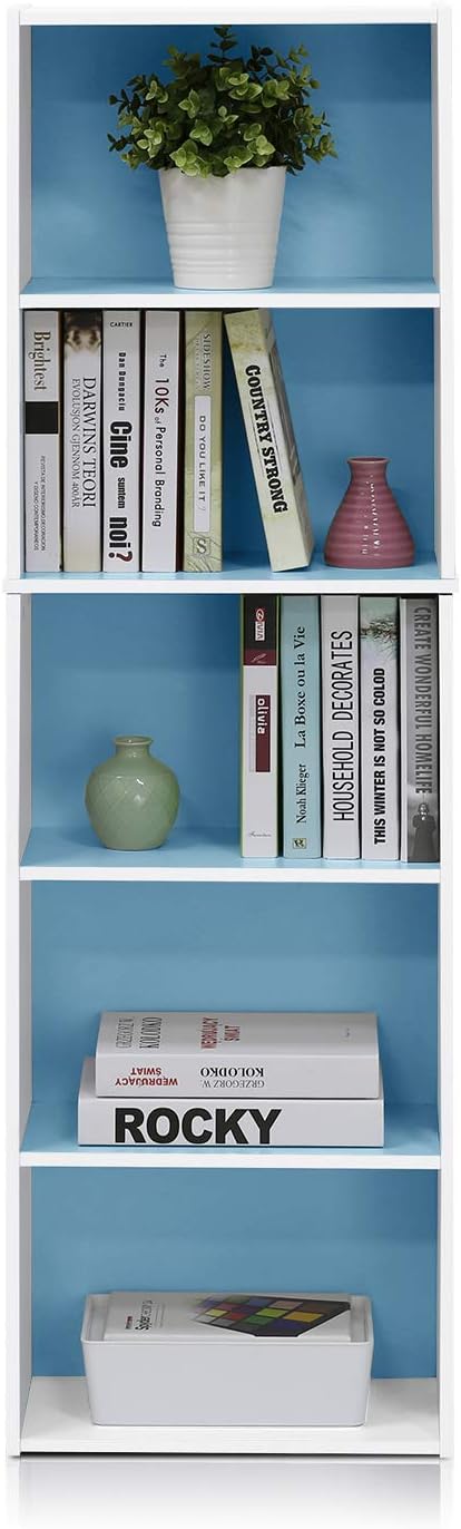 Furinno Luder Bookcase / Book / Storage , 5-Tier, White / Light Blue-NeatNest