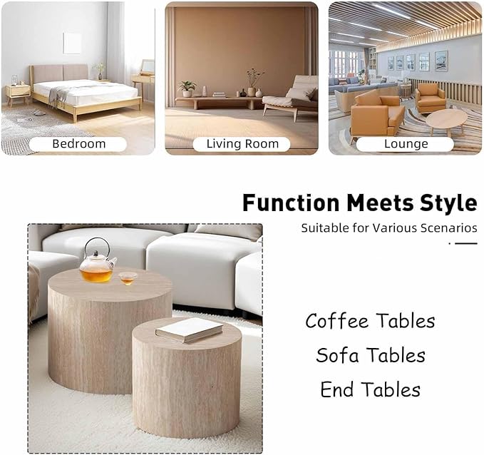 Modern Round Nesting Coffee Table Set of 2, Vertical Stripe Design Drum Coffee Table Cocktail Table, Round Side Table for Living Room, Bedroom, Office, Balcony (B14.6+18.1")