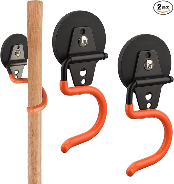MUTUACTOR Magnetic Broom Holder,Non-Slip Garage Storage Hooks Heavy Duty,Strong Metal Hooks Magnetic Tools Holder for Snow Shovels Garage Racks Garden Hoes in Garden Warehouse(2Pack,Orange)