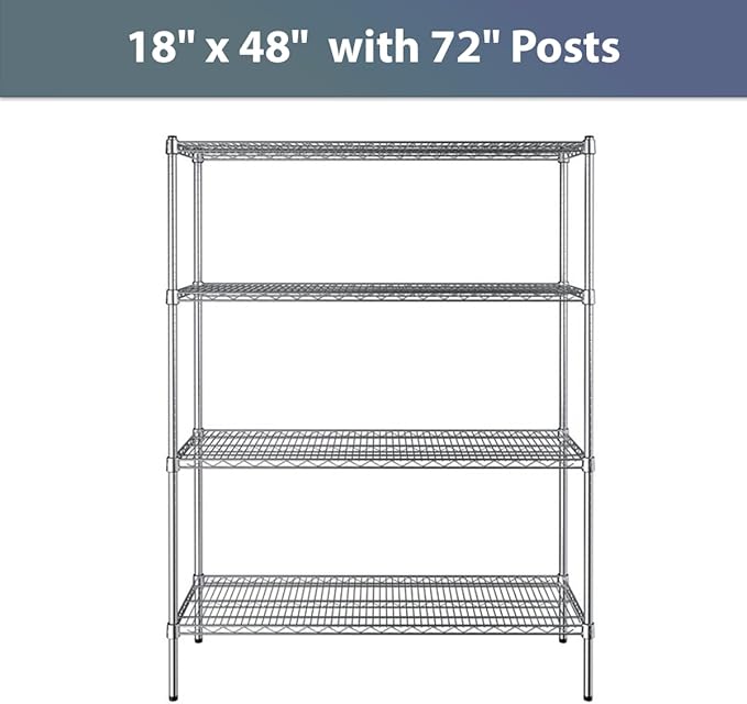18" x 48" NSF Chrome 4-Shelf Kit with 72" Posts, Commercial Storage Rack Unit, Heavy Duty Storage Shelving, Wire Shelving Kit, Adjustable Rack Strong Steel, Multipurpose Wire Shelf