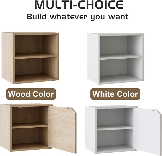 Garden 4 You Cube Storage Organizer Shelf, 2-Tier Stackable Bookshelf with Door, Wooden Display Bookcase, Small Storage Cabinet for Living Room & Bedroom, White-NeatNest
