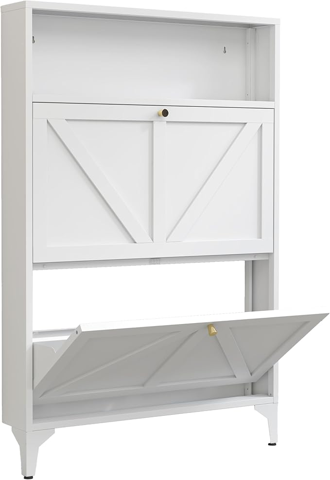 Shoe Cabinet with 2 Flip Drawers, Farmhouse Shoe Organizer, Narrow Shoe Rack Cabinet, Freestanding Shoe Storage Cabinet with Open Storage for Entryway, Foyer, Hallway, White