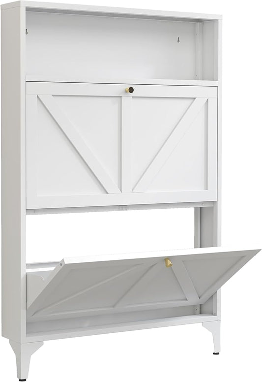 Shoe Cabinet with 2 Flip Drawers, Farmhouse Shoe Organizer, Narrow Shoe Rack Cabinet, Freestanding Shoe Storage Cabinet with Open Storage for Entryway, Foyer, Hallway, White