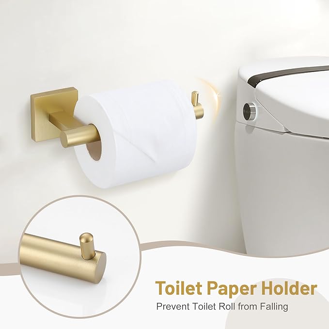 5 Pieces Bathroom Hardware Set Brushed Gold Towel Bar Set Includes 23.6” Towel Bar, Towel Ring Holder, Toilet Paper Holder and Two Towel Hooks, Bathroom Accessories Set SUS304 Wall Mounted