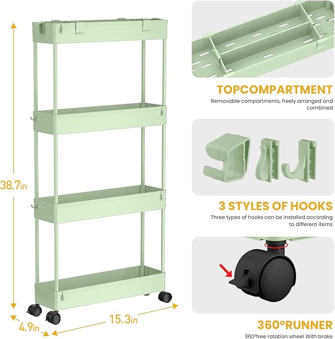SPACELEAD Slim Storage Cart 4 Tier,Bathroom Organizer Rolling Utility,Mobile Shelving Unit Slide Out for Office, Kitchen, Laundry Room & Narrow Places，Green-NeatNest