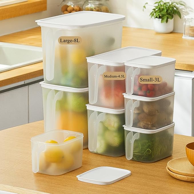 MineSign 4Pack 8L Plastic Storage Containers with Lid Large Square Food Storage Organizer Stackable Refrigerator Organizer with Handle Kitchen Containers for Fruits Vegetables Meat Egg