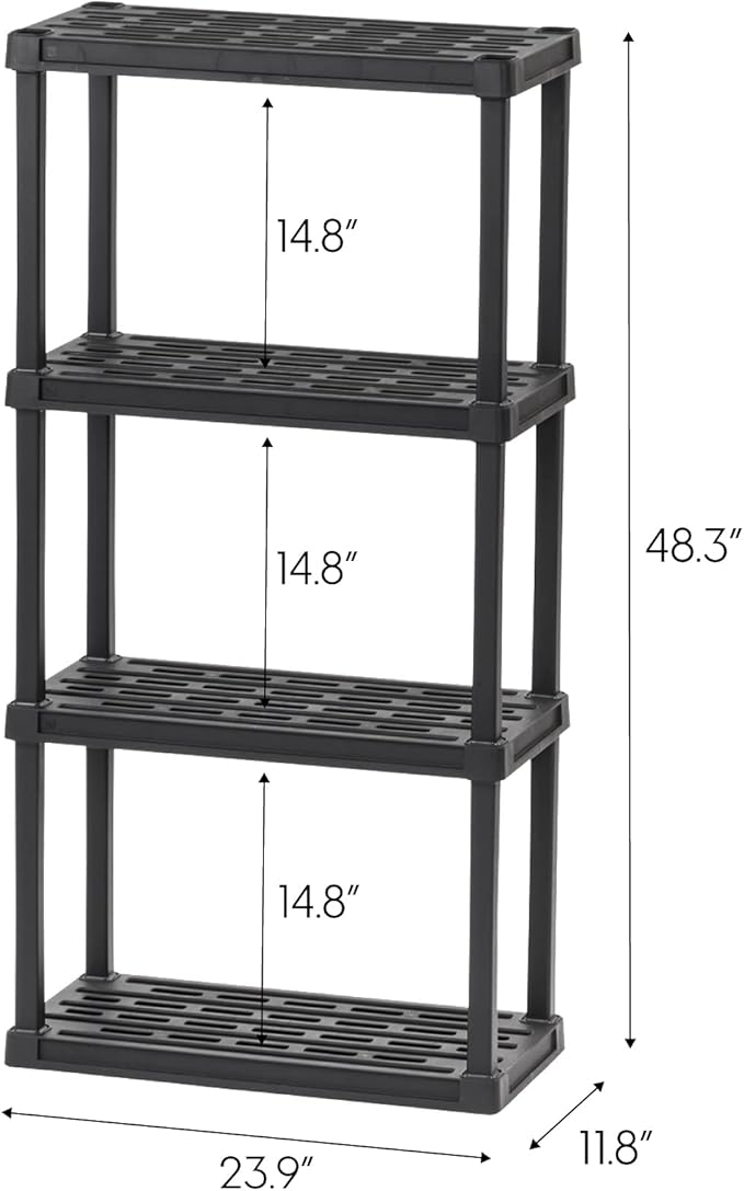 IRIS USA 4-Shelf Light Duty Plastic Storage Shelves, 200lb Capacity, 48"H x 24"W x 12"D, Medium Modular Shelving Unit Storage Organizer for Bathroom, Laundry, Garage & Home, Storage Rack - Black