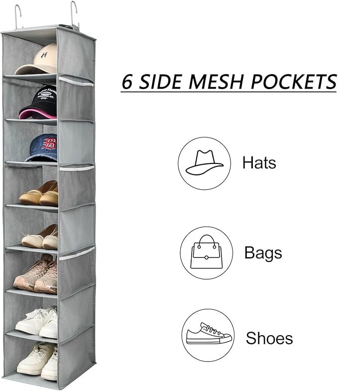 Hanging Shoe Organizer for Closet with Side Mesh Pockets，Hat Racks for Baseball Caps，Shoe and Hat Holder & Storage，8-Shelf，Gray，2 Pack-NeatNest