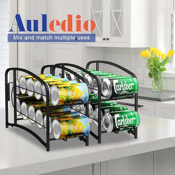 AULEDIO Stackable Beverage Can Dispenser Rack, Storage Organizer Holder for Canned food or Pantry Refrigerator,Black(2 Pack)-NeatNest