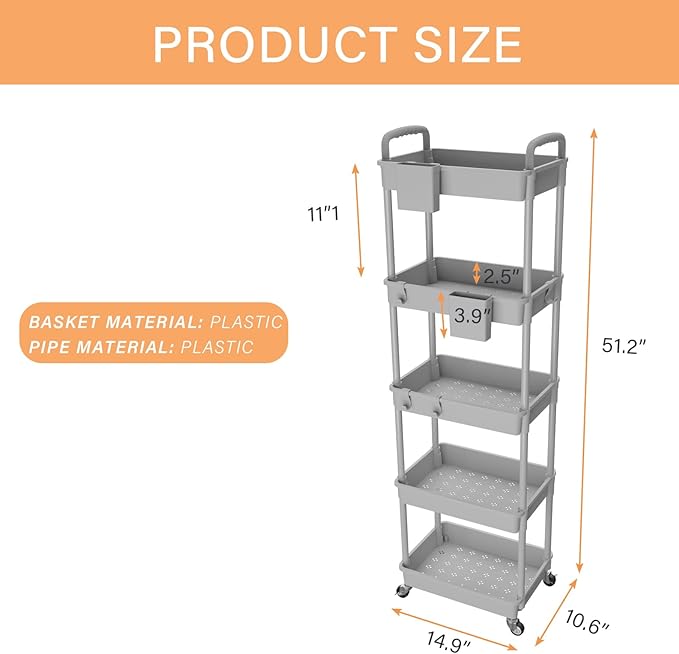 5 Tier Rolling Utility Cart with Handle,REBECAT Utility Cart Made of Multifunctional Storage Organizer Tool for Kitchen,Bathroom,Living Room,Office(Gray)-NeatNest