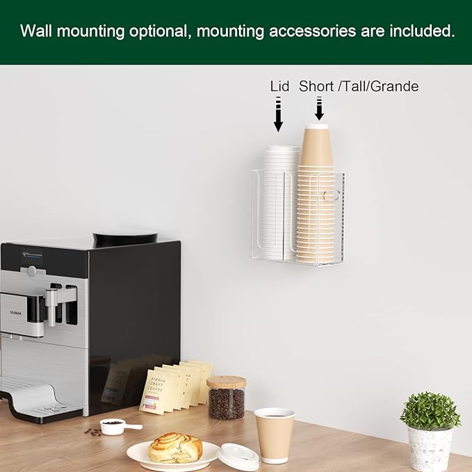 Disposable Coffee Cup Dispenser with Handles, Countertop or Wall Mount Hot/Cold Drink Cup and Lid Holder - Bathroom/Kitchen/Office Acrylic Cup Lid Storage Organizer (2 Compartments, Clear)-NeatNest