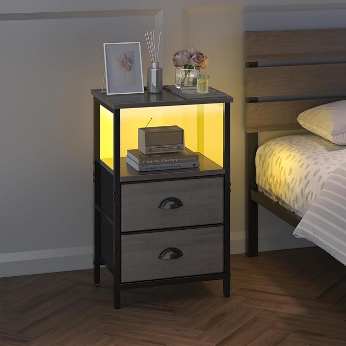 Nightstand with Charging Station, LED Night Stand with 2 Fabric Drawers, Grey Bedside Tables End Table with Drawers, 2-Tier Storage Side Table Nightstand with Drawers for Bedroom, Grey