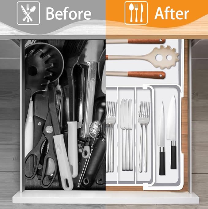 Homecor Silverware Drawer Organizer, Adjustable Kitchen Drawer Organizer, Expands from 4 to 7 Slots, Non-Slip BPA-Free Flatware Cutlery Utensil Holder for Forks Knives Spoons and Kitchen Utensil,White-NeatNest