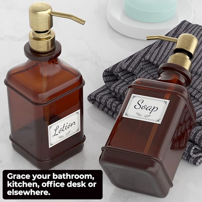 GLADPURE Soap Dispenser 2 Pack, Hand Soap Dispensers with 18 Oz Antique Design Thick Amber Glass Bottle, 316 Rust Proof Stainless Steel Pump, 6Pcs Stickers, for Lotion, Soap - Brushed Gold-NeatNest