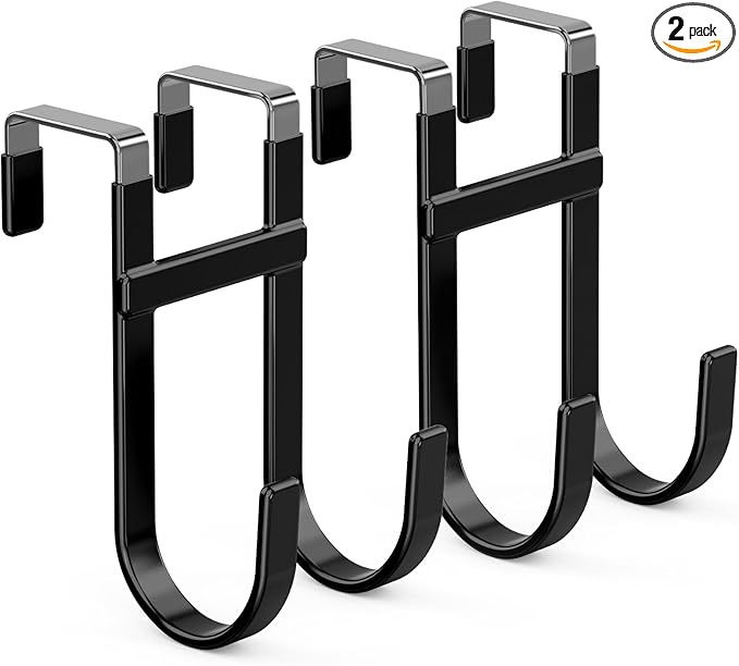 FYY Over The Door Hooks - 2 Pack Heavy Duty Dual-Hook Organizer Hanger with Non-Slip Rubber for Towels, Clothes, Hats & Bags Use in Bathroom, Bedroom, Kitchen - Fits Interior Doors Up to 1 3/8" Black-NeatNest