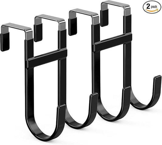 FYY Over The Door Hooks - 2 Pack Heavy Duty Dual-Hook Organizer Hanger with Non-Slip Rubber for Towels, Clothes, Hats & Bags Use in Bathroom, Bedroom, Kitchen - Fits Interior Doors Up to 1 3/8" Black-NeatNest