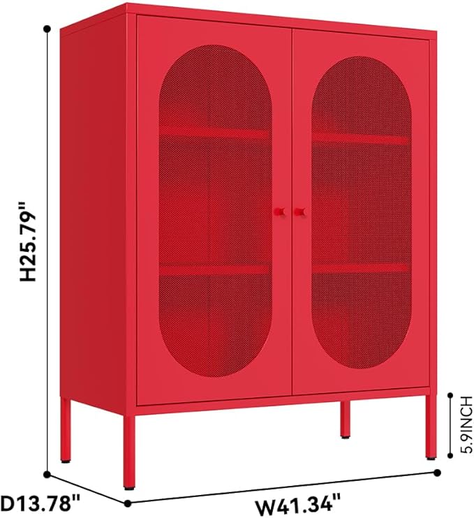 2 Doors Locker Metal Storage Cabinet, Storage Cabinet with Legs, Buffet Cabinet with Adjustable Shelves for Home, Office, Entryway and Hallway(Mesh Door Cabinet, Red)