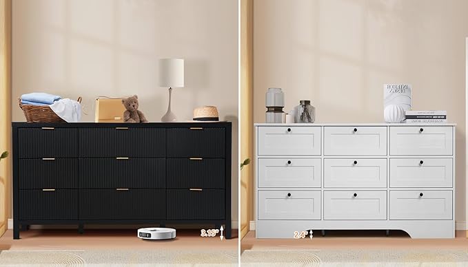 9 Drawer Dresser Cabinet, Long Nightstand with Drawers and Storage Cabinet, Solid Wood Dresser TV Stand, Mid Century Modern Nightstand with 9 Drawer Side Table for Bedroom Closet (Black)