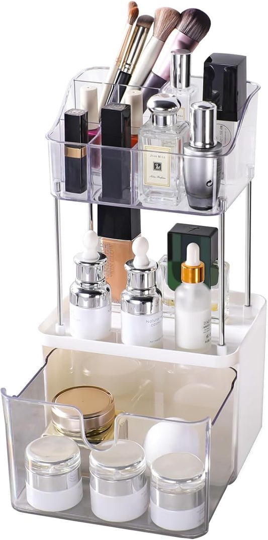 Makeup Organizer Countertop with Drawer, Bathroom Counter Organizers, Anti-Slip Dustproof Exquisite Dresser Vanity Storage for Skin Care Perfume Beauty Lipstick,Clear