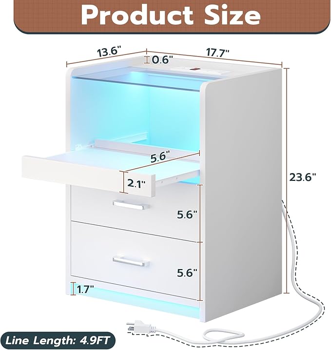 VIAGDO White Nightstand Set of 2 with Charging Station and LED Lights, 2 Drawers LED Night Stand with Tempered Glass Tabletop, Modern End Side Tables with Pull-Out Tray, Open Storage Bedside Tables