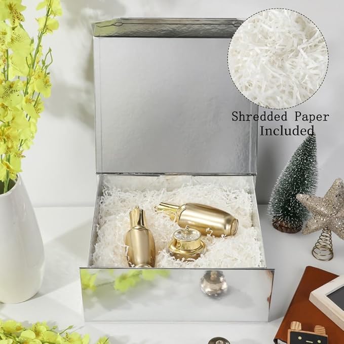 6 Pcs Silver Gift Boxes - Large 13x11x5.3 Inch - Modern Style - Magnetic Lids - Crinkle Paper - Luxury Gift Boxes for Presents-NeatNest