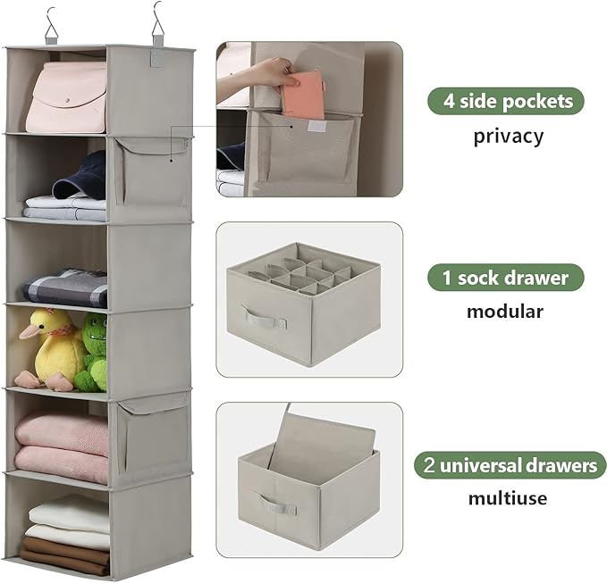 Vailando 6-Shelf Hanging Closet Organizer, Hanging Shelves for Closet with 2 Large Drawer&1 Drawer w/Compartment, 12'' x 12'' x 48.8'', Baby Organizer for Nursery…-NeatNest