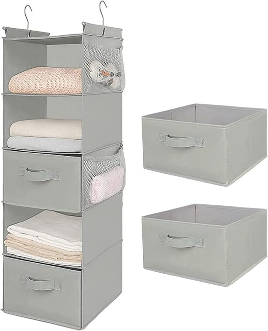 MAX Houser 5 Tier Shelf Hanging Closet Organizer, Cloth Hanging Shelf with 2 Sturdy Hooks for Storage, Foldable (Light Grey-D2)-NeatNest