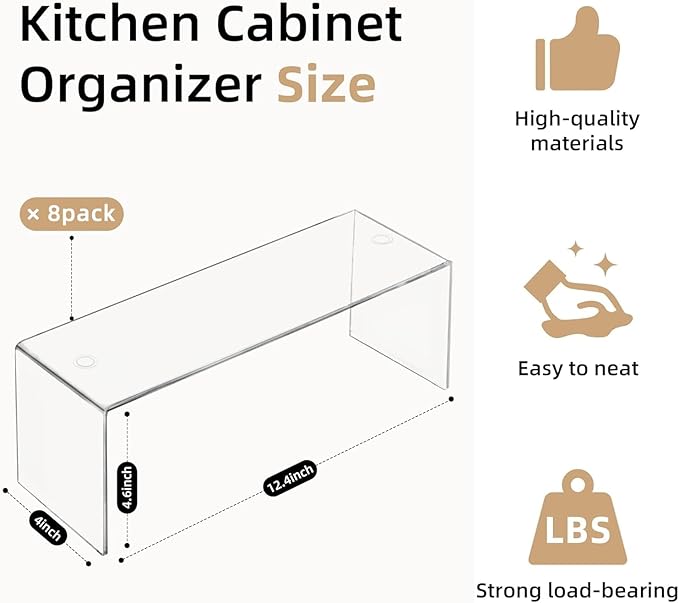 8 Packs Cabinet Organizer Shelf, Acrylic kitchen Cabinet Shelves, Shelf Riser for Dishes, Spices, Soda Cans and Bottles（12.4 x 4 x 4.6 inch）-NeatNest