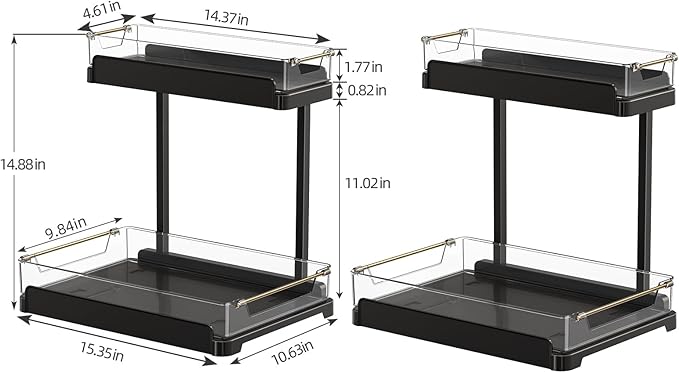 heart & home 2-Pack Under Sink Storage Organizer for Kitchen & Bathroom Cabinets with Removable Washable Tray, Tool-Free Assembly – Multi-Purpose for Vanity, Laundry & Countertop, Black-NeatNest