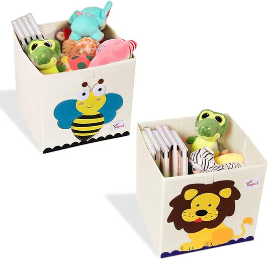 2 Pcs Foldable Animal Toy Storage Box/Bin/Cube, Collapsible Storage Organizer Chest Basket Container for Kids, Toddlers, Boys and Girls(13 x 13 x 13 Inch, Lion & Bee)-NeatNest