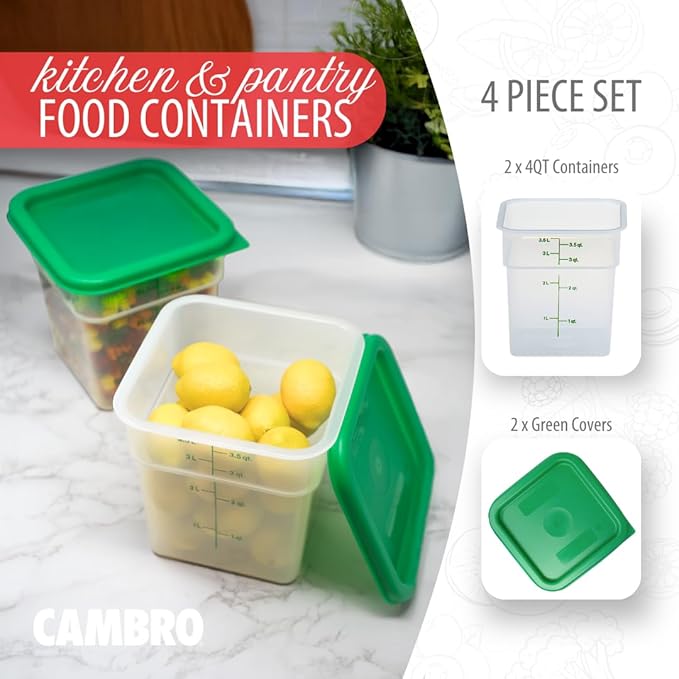 Cambro Food Storage Container with Lid (Microwave Safe and BPA-Free) - 2 Pack - Classic Series Square with Green Lid - 4 QT (Quart) - Commercial Grade for Food Prep (Translucent)-NeatNest
