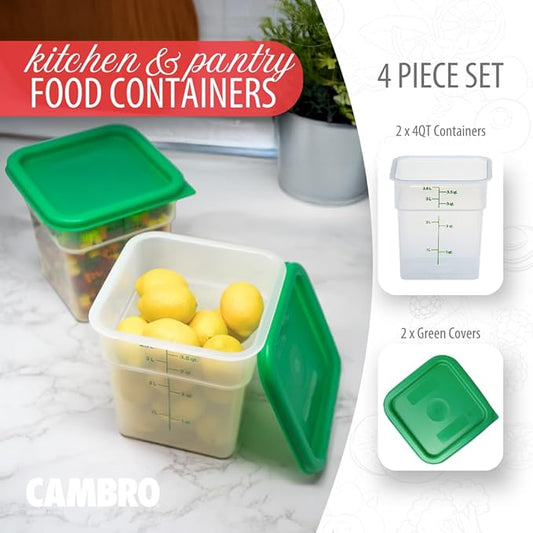 Cambro Food Storage Container with Lid (Microwave Safe and BPA-Free) - 2 Pack - Classic Series Square with Green Lid - 4 QT (Quart) - Commercial Grade for Food Prep (Translucent)-NeatNest