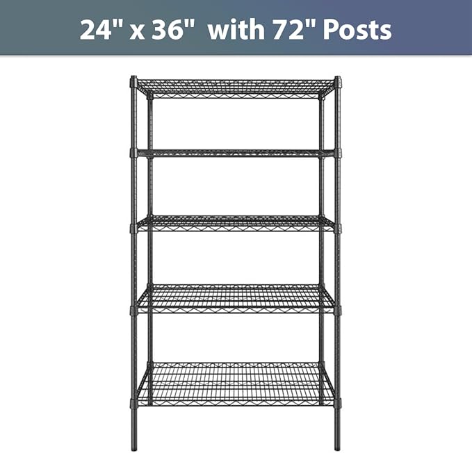 24" x 36" NSF Black Epoxy 5-Shelf Kit with 72" Posts, Commercial Storage Rack Unit, Heavy Duty Storage Shelving, Wire Shelving Kit, Adjustable Rack Strong Steel, Multipurpose Wire Shelf