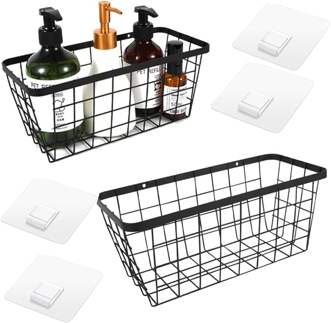 2 Pack Hanging Wall Basket Organizer Over the Cabinet Door Wire Baskets for Organizing -Space-Saving Hanging Baskets for Organizing Wall Mount Storage,No Drilling Adhesive Wall Storage Basket, Black-NeatNest