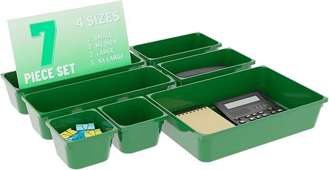 7 Pcs Plastic Drawer Organizer Set,4 Size Small Storage Containers for Organizing Jewelry,Utensil,Junk,Tea,Makeup,Shallow Drawer Organizers Tray Suitable for Office,Desk,Bathroom,Vanity,Kitchen,Green-NeatNest