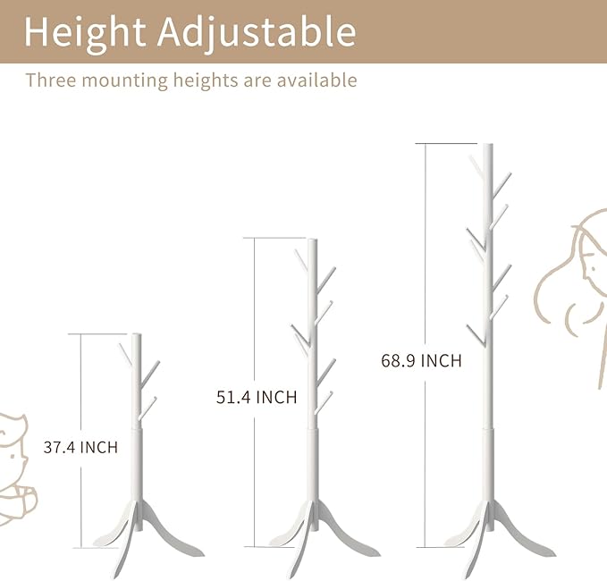 Coat Rack Freestanding, Coat Stands Entryway, Bamboo Coat Rack Hat Hanger 8 Hook for Jacket, Purse, Scarf Rack, Umbrella Tree Stand (White)-NeatNest