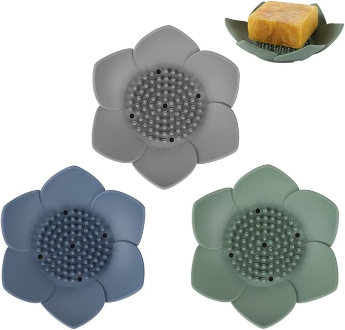 H&R 3 Pack Silicone Soap Holder, Bathroom Soap Tray with Drain, Lotus Shaped - Blue, Green, Grey-NeatNest