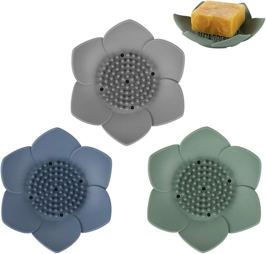 H&R 3 Pack Silicone Soap Holder, Bathroom Soap Tray with Drain, Lotus Shaped - Blue, Green, Grey-NeatNest