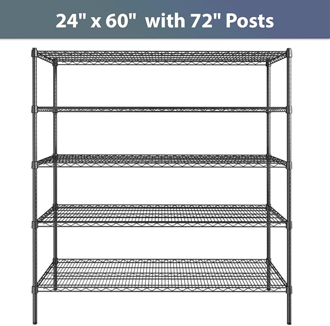24" x 60" NSF Black Epoxy 5-Shelf Kit with 72" Posts, Commercial Storage Rack Unit, Heavy Duty Storage Shelving, Wire Shelving Kit, Adjustable Rack Strong Steel, Multipurpose Wire Shelf