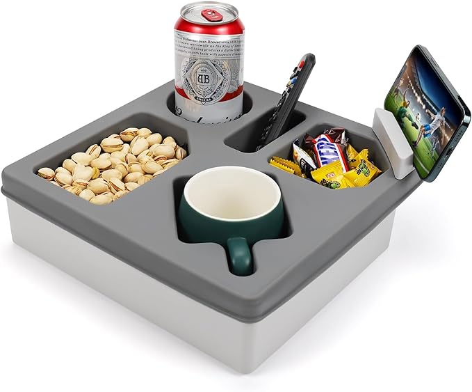 Couch Cup Holder Tray, Silicone Sofa Couch Caddy for Bed Car Seat Beach Organizer, Waterproof Cup Holder with Phone Stand for TV Remote, Snacks, Drinks, Cellphone (Grey)-NeatNest