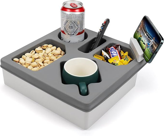 Couch Cup Holder Tray, Silicone Sofa Couch Caddy for Bed Car Seat Beach Organizer, Waterproof Cup Holder with Phone Stand for TV Remote, Snacks, Drinks, Cellphone (Grey)-NeatNest