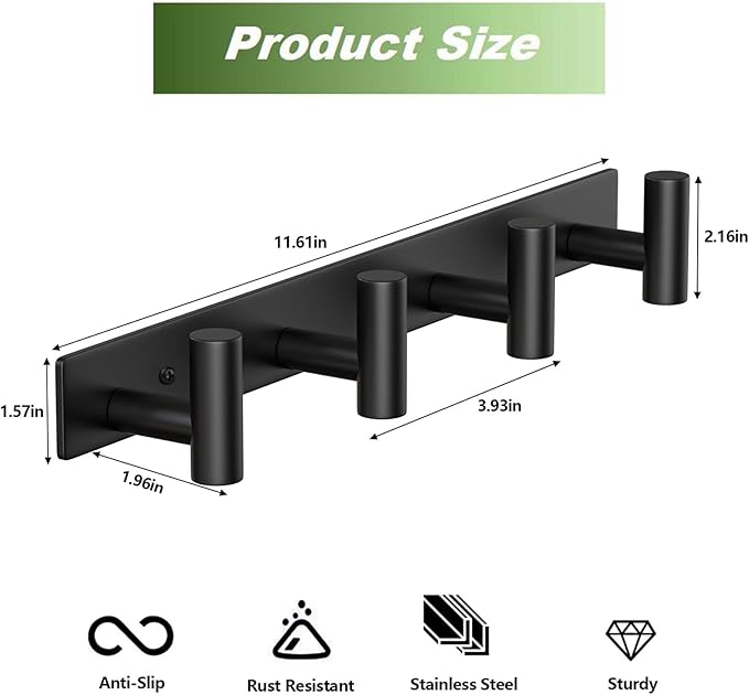 Coat Rack Wall Mounted with 4 Hooks, Wall Hooks for Hanging Towel Coat Hat Bag, Heavy Duty, Metal Hat Rack Coat Hanger Towel Hooks Coat Hooks for Entryway Bathroom Kitchen (Black, 2 Packs)-NeatNest
