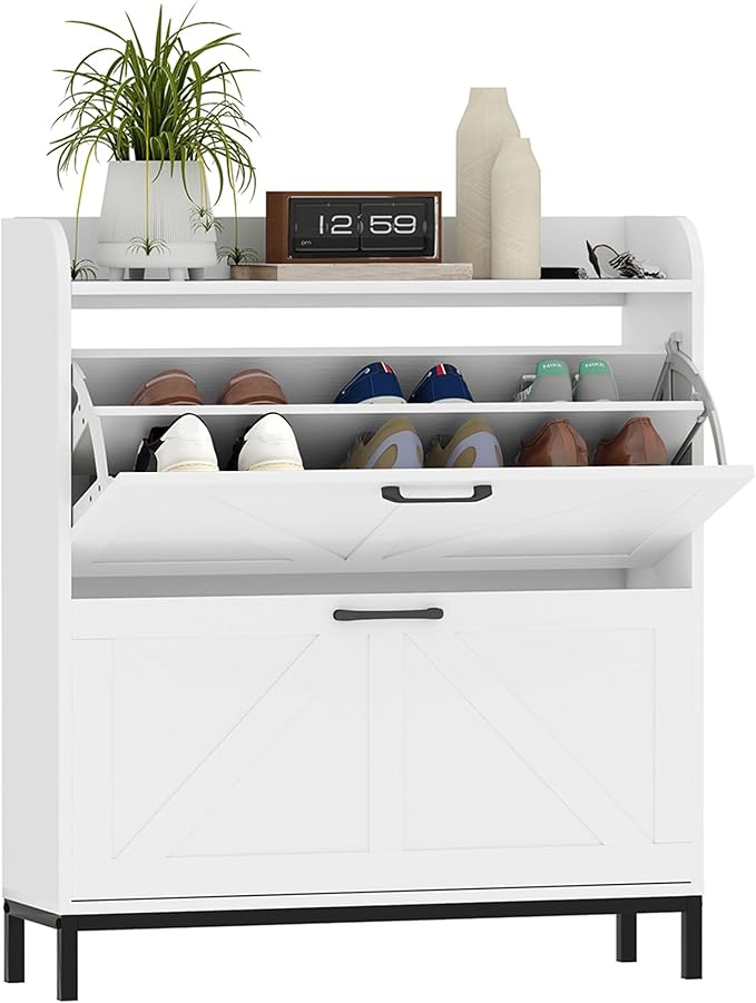 HOMCOM Shoe Storage Cabinet with 2 Flip Drawers, Legs, Farmhouse Freestanding Narrow Shoe Cabinet, Slim Hidden Rack Organizer for Entryway, Hallway, White Wood Grain-NeatNest